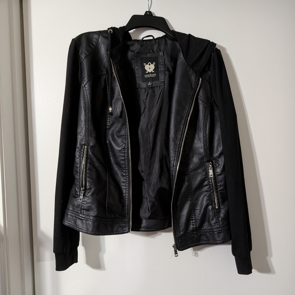 Women's Black Leather Jacket With Hood And Fabric Sleeves